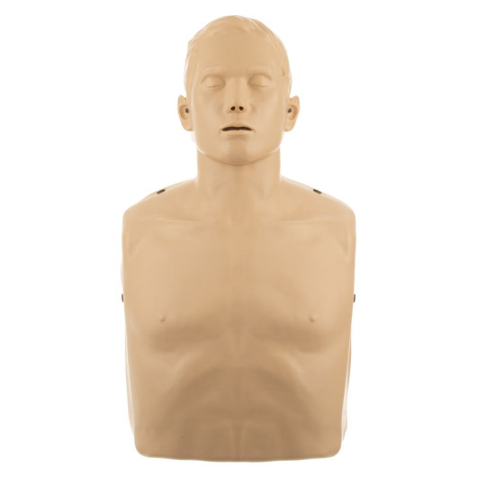 a front image of a training manikin of a male head and torso for cpr training