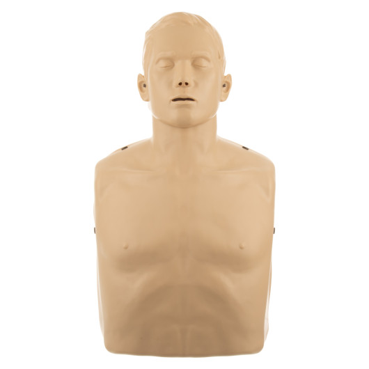 Front view of the brayden im13 red cpr manikin red illumination showing the head and upper torso