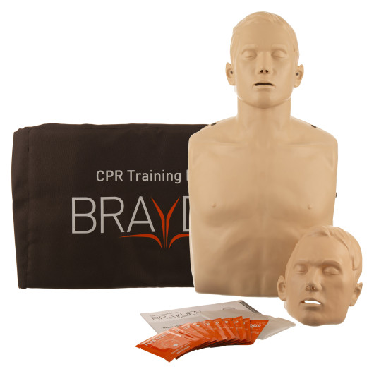Brayden CPR Manikin showing Manikin Torso, Alternate Face, and Instructions