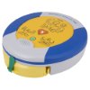 angled view of a Heartsine Samaritan Pad 350p trainer device showing its yellow and blue casing with instructional illustrations