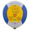 Front view of the heartsine samaritan pad 350p trainer showing instructional diagrams on yellow and blue casing