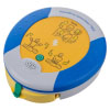 an angled view of the trainer unit of a HeartSine 360P defibrillator with easy to read picture instruction on a yellow background