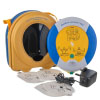 a contents view of the HeartSine Samaritan PAD 360P trainer unit including defibrillator, carry case, 2 pairs of electrodes and charging plug