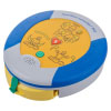 a front angled view of the trainer aed with blue edging, yellow centre and pad-pak, with grey for everywhere else, Pictorial instructions to show how to perform CPR and where to place the pads