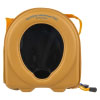 an front view of the carry case for the trainer unit in yellow and blue with yellow handle strap with zip fastening and clear vision window to see the device