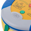 a close up view of the grey speaker and green power button at the bottom of the AED 