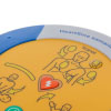 a close up view of the red shock button and pad placement pictorial at the top of the device with heartsine branding