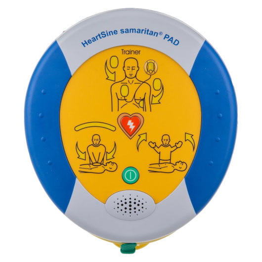 a front view of the HeartSine 500P Trainer unit, with yellow centre and instructions with green power button and red shock button