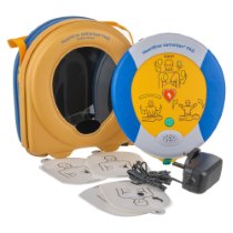 Heartsine 500P Trainer Unit heartsine 500p trainer unit with case, charging cable and three electrode pads showing illustrated placement guidance