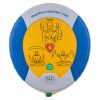 Front view of heartsine 500p trainer unit showing a yellow and blue device with medical instruction illustrations