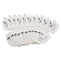 Ahhstp10 Heartsine Samaritan Defibrillator Training Pads Set 10 Contents showing a set of 10 training pads for a defibrilator with a black white drawn image of a man showing correct pad placement