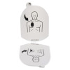2 training pads for a defibrillator with a black and whiet drawn image of a man showing the correct pad placement of one on the left pectoral muscle and the other on the right side middle rib area 