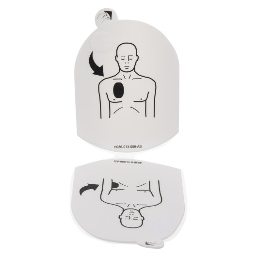 Heartsine Samaritan Defibrillator Training Pads Set 10 front view of heartsine samaritan defibrillator training pads set 10 showing placement instructions on white background