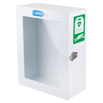 Ahhswcab Heartsine White Internal Cabinet Angled A white defibrillator cabinet with a glass door and a green defibrillator label