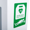 A close-up of the green defibrillator label