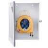 A white defibrillator cabinet with the door open and a yellow defibrillator hanging inside