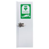 A white defibrillator cabinet with a green defibrillator label