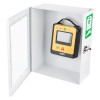 A white wall‑mounted cabinet with a clear door housing a yellow and black VIVEST AED device with a screen and control buttons. A green AED sign with a heart and lightning bolt is displayed on the cabinet.