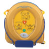a blue plastic covered wire bracket containing a yellow heartsine defibrillator in a soft carry case