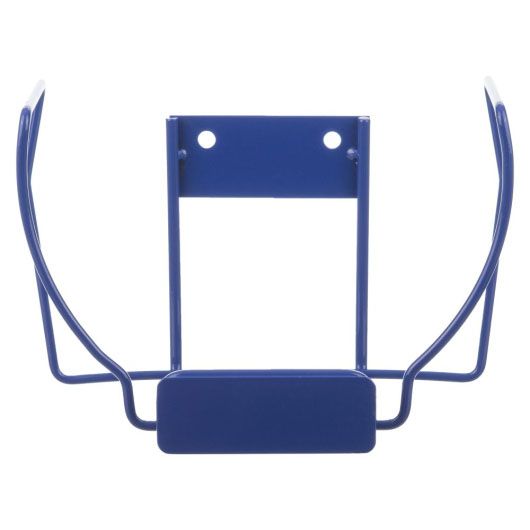 a blue plastic covered wire bracket to contain a heartsine defibrillator there are 2 drill holes at the back to wall mount