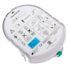 a shot of the HeartSine Samaritan Pad-Pak, angled, showing the technical data located on the front of the pads with pictorial images on how to use them