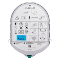 Ahpadpkc HeartSine Samaritan Pad-Pak Defibrillator Pad Front a straight front shot of the HeartSine Samaritan Pad-Pak showing the technical data and pictorial instructions on how to use the AED, perform CPR and positioning of the electrodes