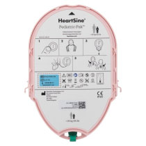 Ahpaepkc Heartsine Samaritan Paediatric Pak Pads Front an image of the front of the heartsine samaritan paediatric pad-pak cartridge showing instructions on how to use the pads on a child