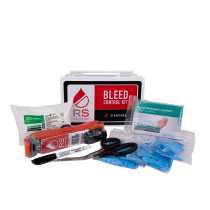 Ahrsk500 Rapidstop Bleed Kit Standard Contents a rectangular white hard plastic case with the words bleed control standard on it. In front are the contents of the kit including tourniquet gloves and bandages
