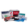 a rectangular white hard plastic case with the words bleed control advanced on it. In front are the contents of the kit including tourniquet gloves and bandages