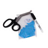 clothing shears with black handles a pair of blue gloves in a clear plastic bag and a permanent black marker pen