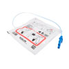 A set of Schiller FRED Easy Adult defibrillator pads at an angle showing the blue connector plug