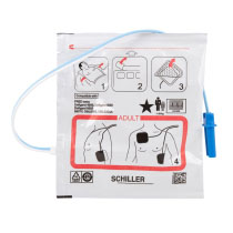 Azfreadp Schiller Fred Easy Adult Defib Pads Front A front image of the Schiller FRED Easy adult defibrillator pads showing pictorial images on how to use and place the pads during an emergency
