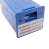 close up shot of a blue rectangular battery with the expiry date in black writing and a white label stating Don't remove battery when device is on in english french and german
