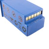 a close up of the end of a blue rectangular battery showing 6 metal contact where the battery would connect to the the defib