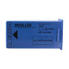 a side shot of a blue rectangular battery with black writing stating the manufacturers name schiller and the lot number and the type of lithium battery 