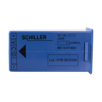 Azfrebat Schiller Fred Easy Battery Front Shot a side shot of a blue rectangular battery with black writing stating the manufacturers name schiller and the lot number and the type of lithium battery