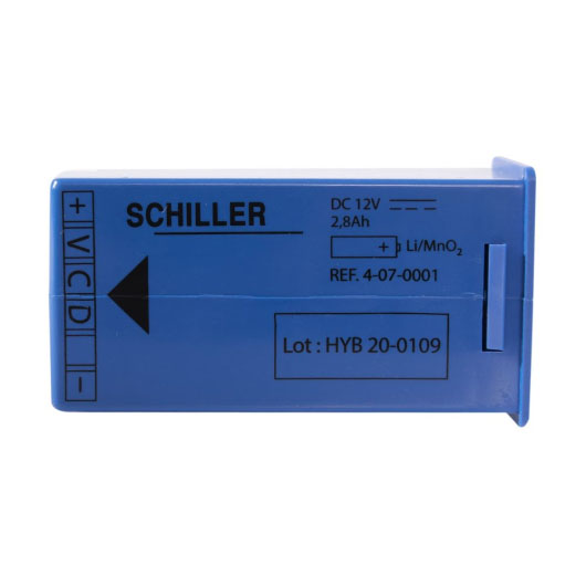 a side shot of a blue rectangular battery with black writing stating the manufacturers name schiller and the lot number and the type of lithium battery 