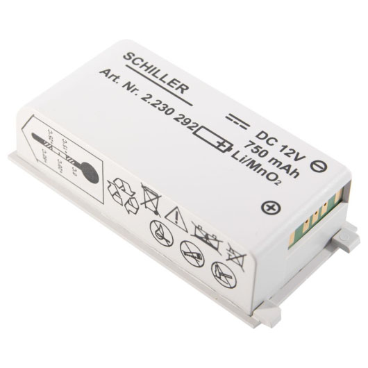 angled shot of a white rectangular battery with black writing stating the manufacturer Schiller and warning symbols to look after and dispose of a lithium battery safely