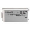 a while rectangular battery with black writing saying the manaufacturers name Schiller and the type and voltage of the lithium battery