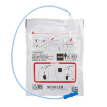 Azfrepadp Schiller Fred Easyport Adult Defib Pads Front a front shot of the Schiller FRED Easyport adult defibrillator pads showing pictorial instructions on how to use the electrodes