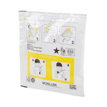 Azfrepdp Schiller Fred Easy Paediatric Pads Angled A front shot of the Schiller FRED Easy paediatric pads at an angle showing the pictorial instructions on the front of the packaging