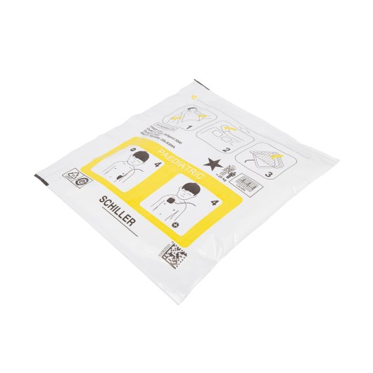 Schiller Fred Easy Paediatric Pads schiller fred easy paediatric pads packet shown from an angled flat view with printed instructions and illustrations visible