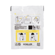 Azfreppdp Schiller Fred Easyport Paediatric Defibrillator Pads Front a straight front image of the pads for the Schiller FRED Easyport paediatric defibrillator pads showing the instructions on how to use the pads on a child