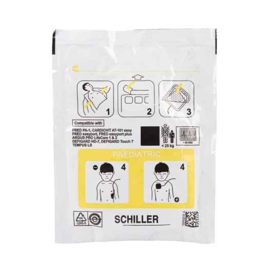 a straight front image of the pads for the Schiller FRED Easyport paediatric defibrillator pads showing the instructions on how to use the pads on a child