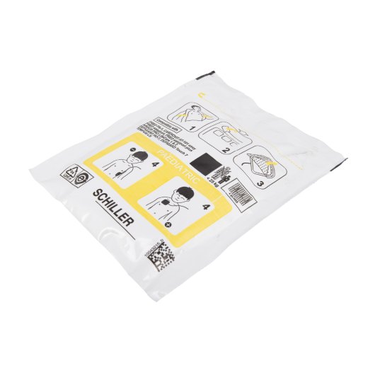 angled flat shot of schiller fred easyport paediatric defibrillator pads packet showing instructions and branding