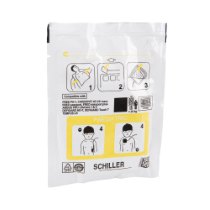 schiller fred easyport paediatric defibrillator pads packet shown at an angle with application instructions and illustrations
