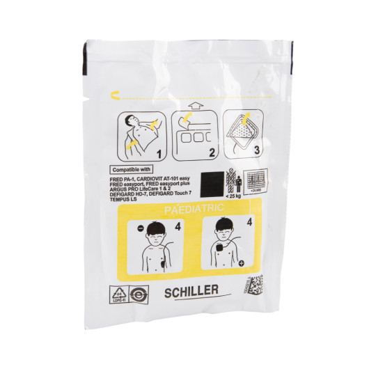 schiller fred easyport paediatric defibrillator pads packet shown at an angle with application instructions and illustrations