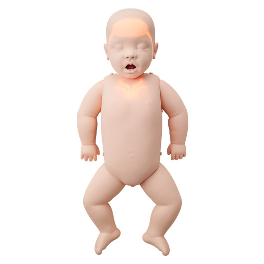 Manikin of Brayden Baby With Lights showing head and chest lights on a white background