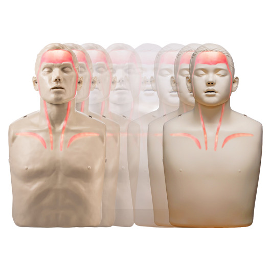 Brayden Junior Conversion Kit Transition showing a series of CPR training manikin heads with airway pathways highlighted in red