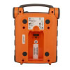 The back of a bright orange defibrillator